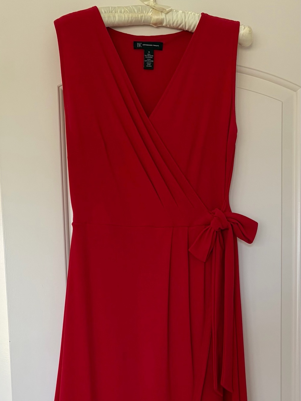 INC International Concepts Vibrant Red Sleeveless Wrap Midi Dress with Side Bow